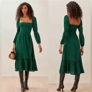New Reformation Mica Midi Long Sleeve Dress In Green Sz 10